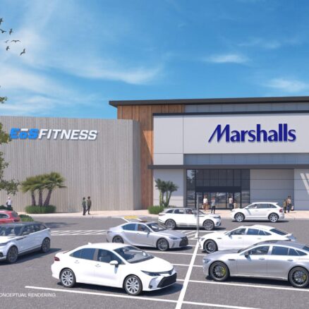 Conceptual rendering of the building facade of the new Marshalls and Eos Fitness under construction at Parkway Plaza Mall.