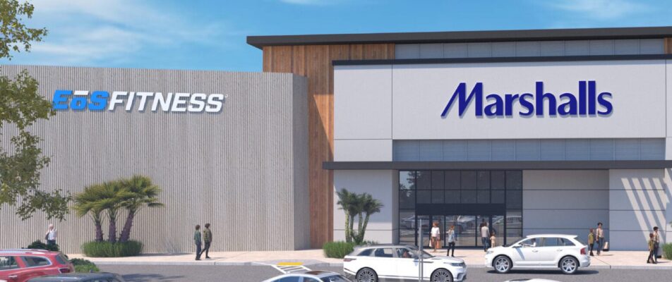 Conceptual rendering of the building facade of the new Marshalls and Eos Fitness under construction at Parkway Plaza Mall.