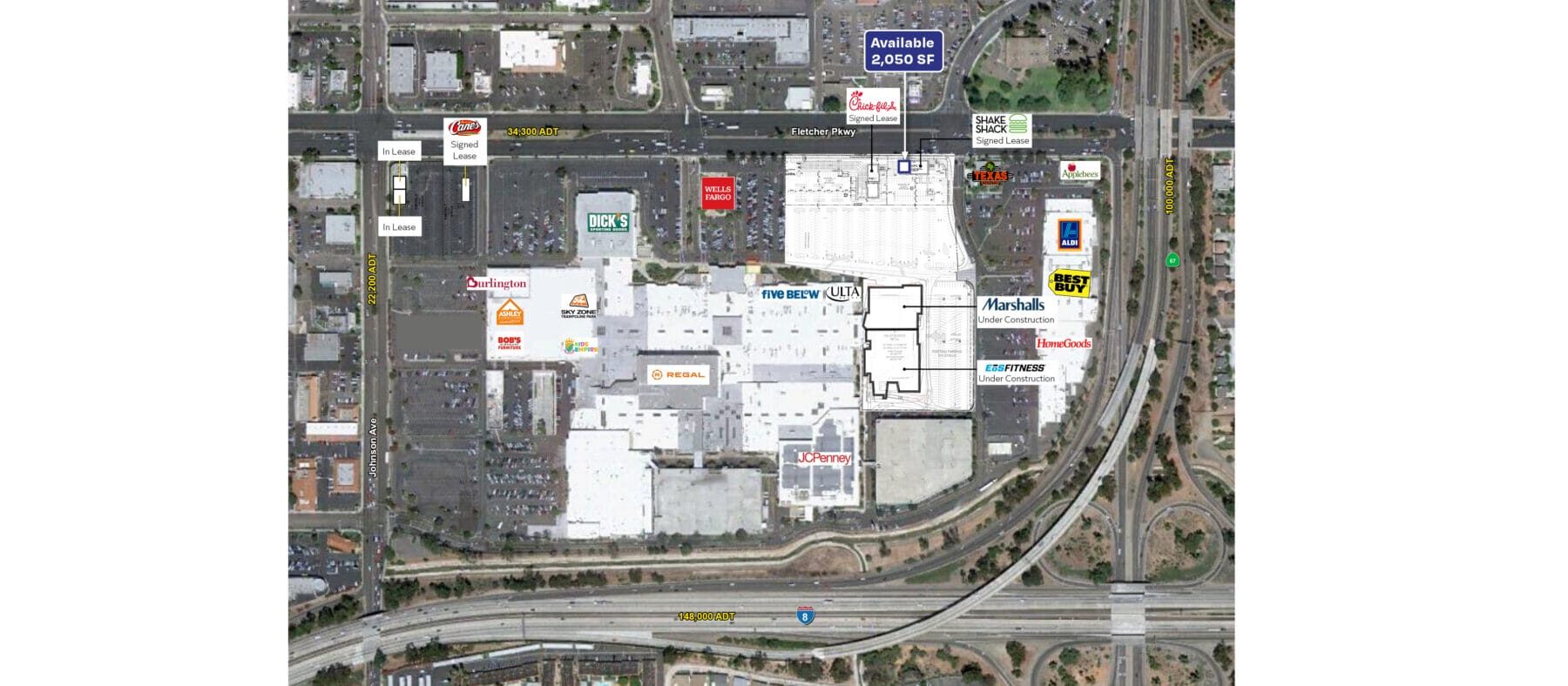 Aerial view of Parkway Plaza. The remaining NE outparcel space (2,050 SF) is labeled as Available, the NW outparcels are in lease, and Raising Cane's, Chick-Fil-A, and Shake Shack have all signed leases at the other perimeter outparcels. Marshalls and Eos Fitness are under construction on the East side.