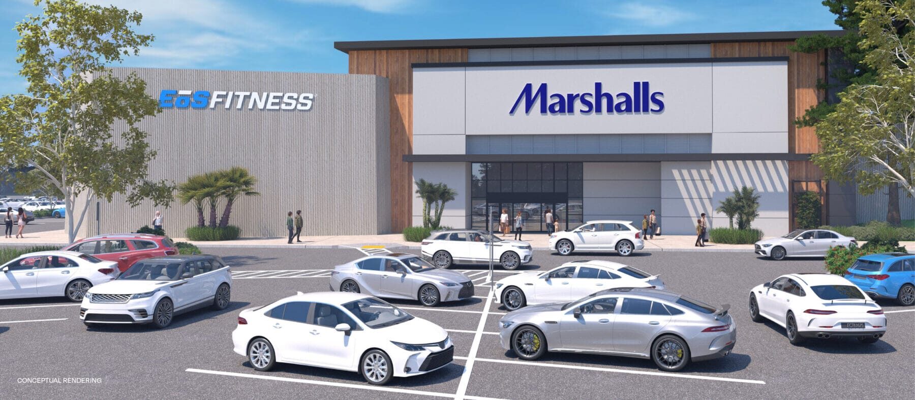 Conceptual rendering of the building facade of the new Marshalls and Eos Fitness under construction at Parkway Plaza Mall.