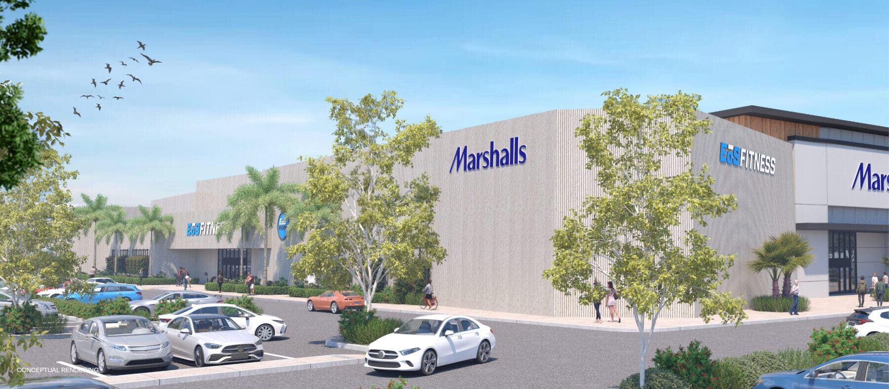 Wide corner view of the conceptual building facade rendering of the new Marshalls and Eos Fitness under construction at Parkway Plaza Mall.