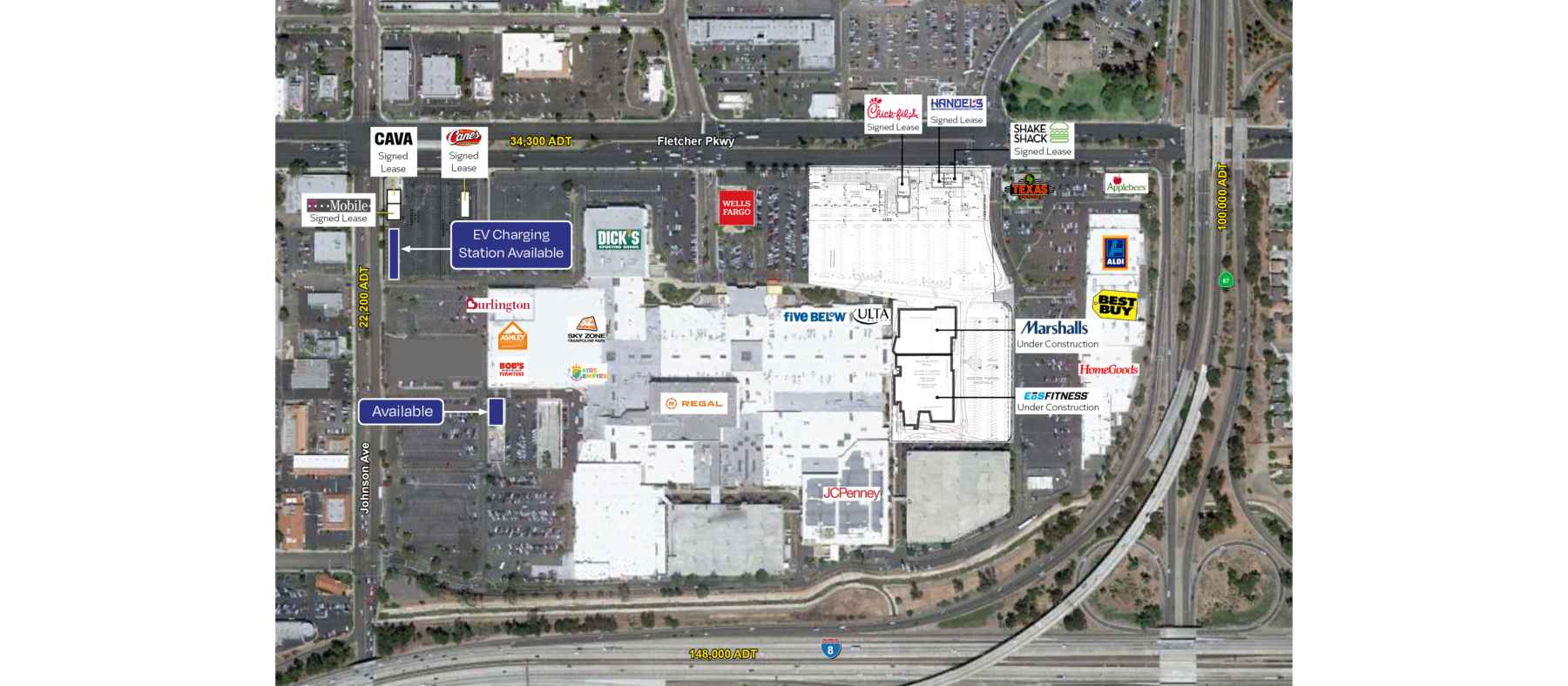 Aerial view of Parkway Plaza. The West outparcel is labeled as Available, the NW outparcels are in lease, and Raising Cane's, Chick-Fil-A, and Shake Shack have all signed leases at the other perimeter outparcels. Marshalls and Eos Fitness are under construction on the East side.