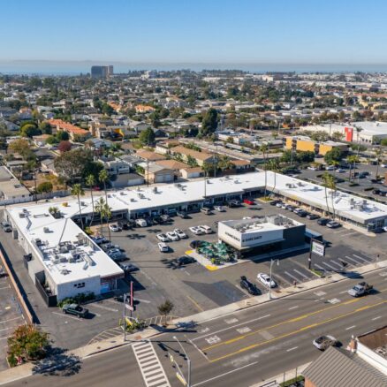 Aerial image of Seventeen Village from 17th Street with the Target shopping center to the right and Newport Beach in the far distance.