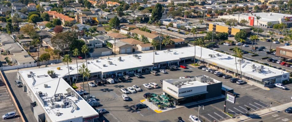 Aerial image of Seventeen Village from 17th Street with the Target shopping center to the right and Newport Beach in the far distance.