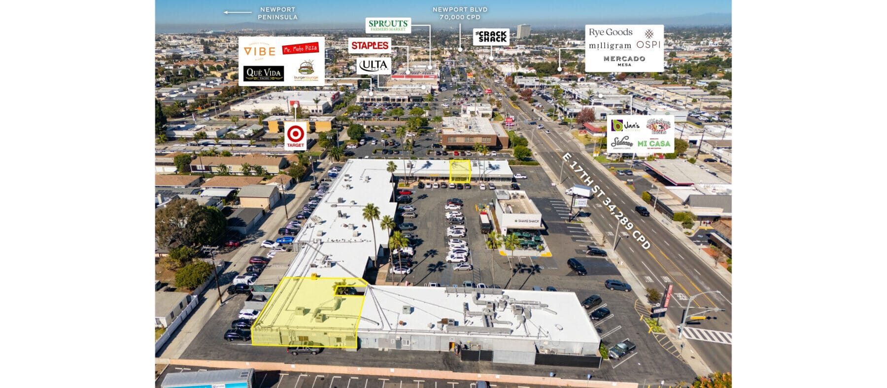 Aerial image of Seventeen Village from the Southeast with 17th St on the right (34,289 CPD) and several shops and restaurants to the Northwest including Target, Ulta, Sprouts, Rye Goods, Milligram, Ospi, Mercado, Sidecar Donuts, Que Vida, and more.