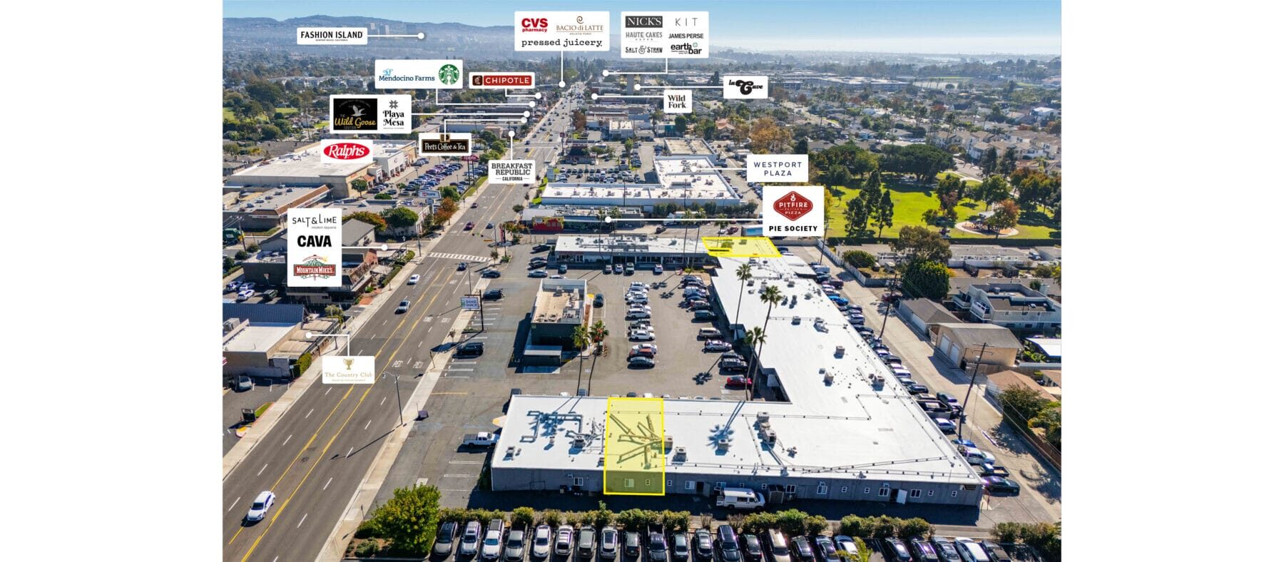 Aerial view of Seventeen Village from the Northwest with E 17th St to the left and many shops and restaurants to the Southeast including Cava, Pitfire Pizza, Pie Society, Ralphs, Breakfast Republic, Peets Coffee, Westport Plaza, Wild Fork, Nick's, and more. In the far distance, Fashion Island can be seen.