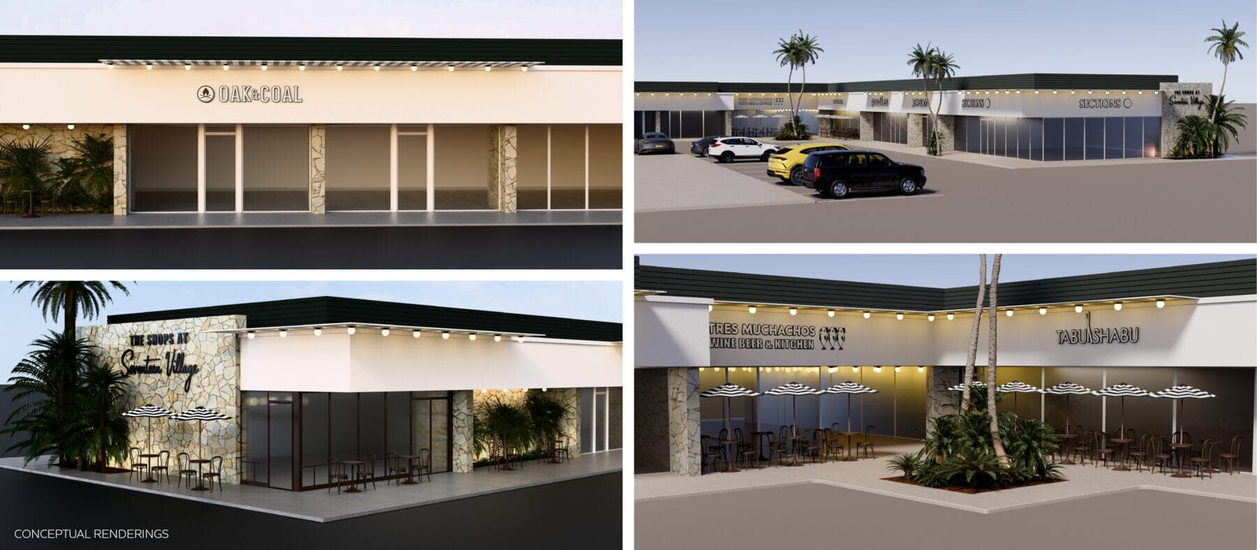 Conceptual renderings of storefront remodels of Seventeen Village including Oak and Coal, Sections, Tabu Shabu, Tres Muchachos, and the end cap restaurant space facing 17th St.