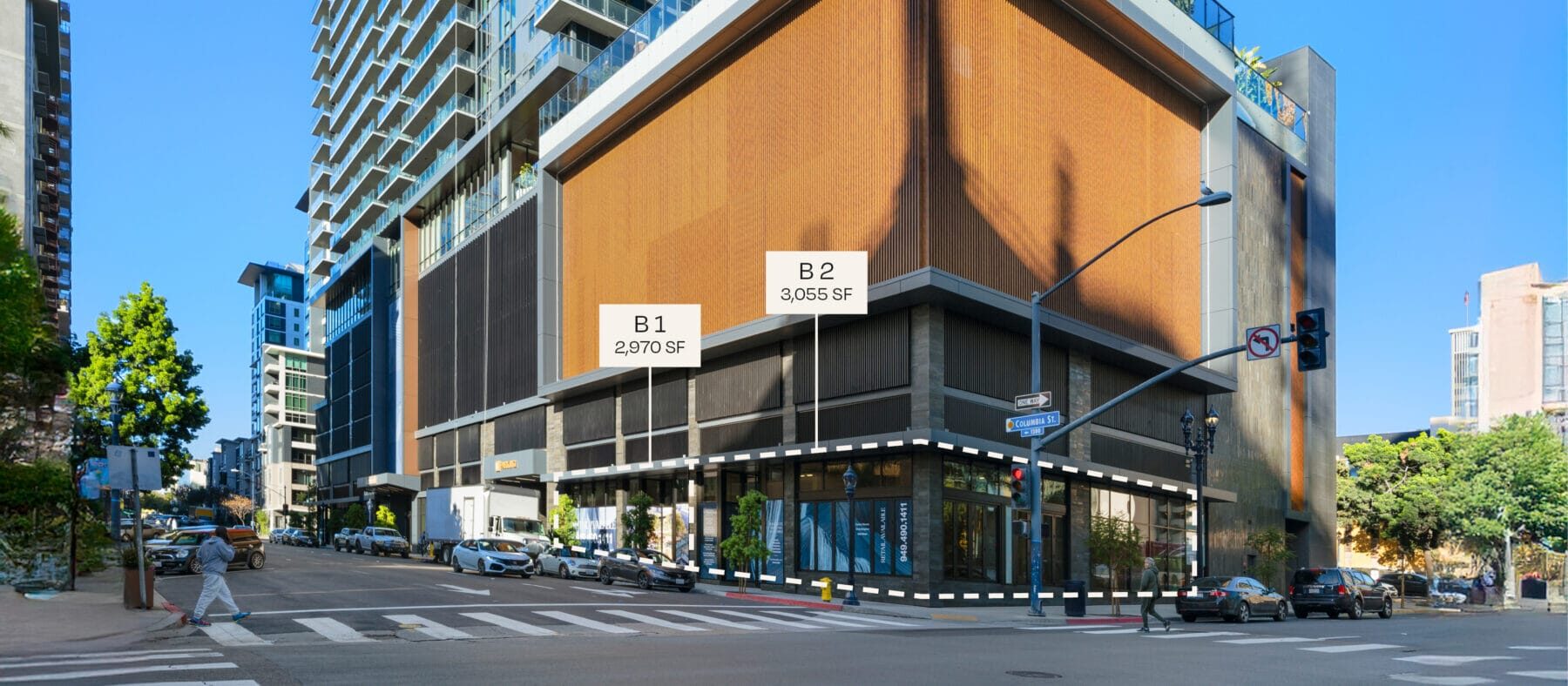 The Lindley as viewed from the signalized corner of Columbia & Ash. The corner 3,055 SF space and the 2,970 SF space to the left are highlighted as available.