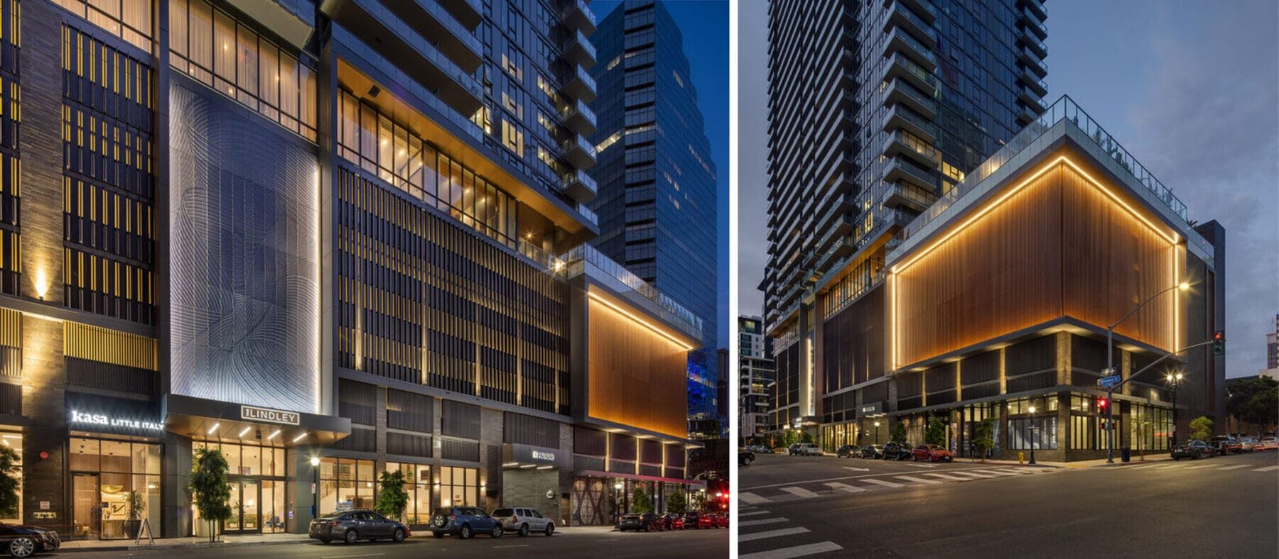 Nighttime views of The Lindley. Left photo: Kasa Little Italy, The Lindley main entrance, and the entrance to the parking garage. Right photo: View from the corner of Columbia and Ash.