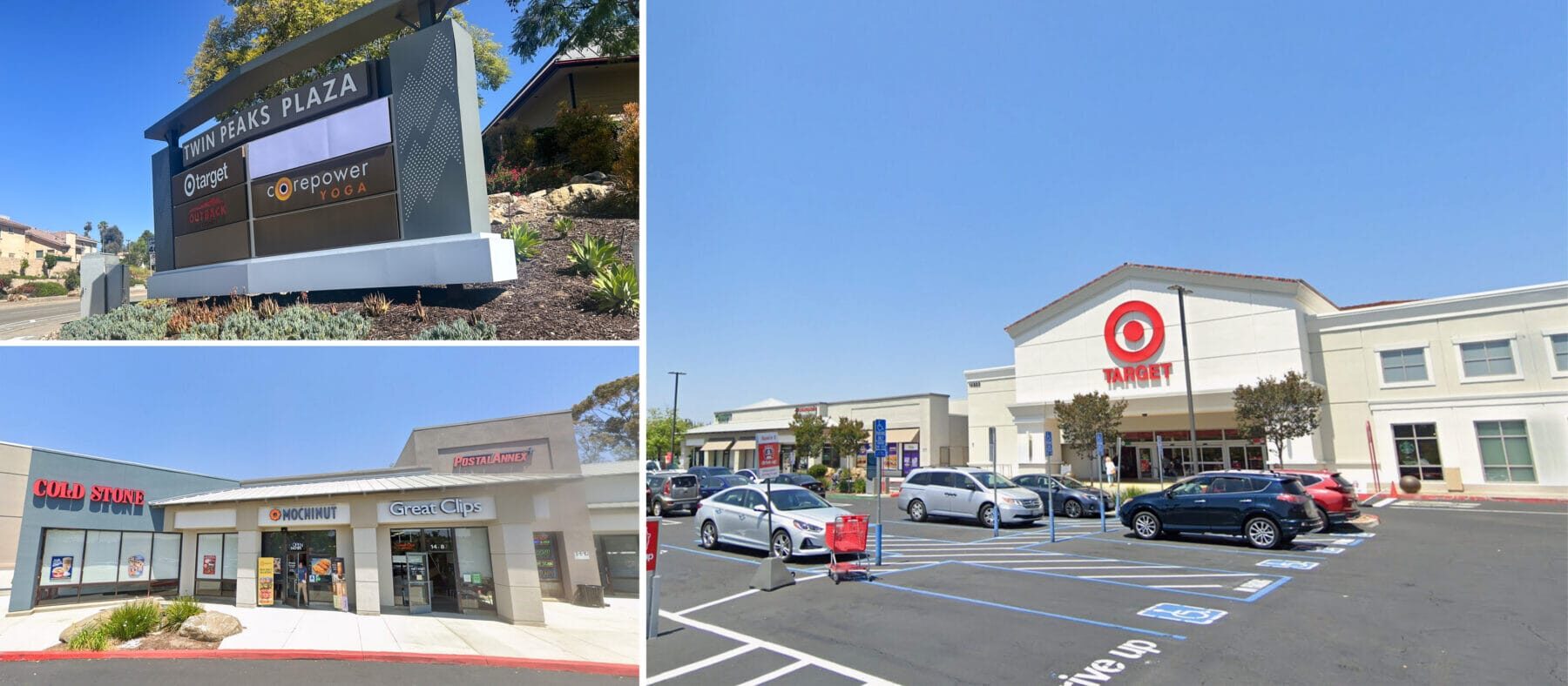 Twin Peaks Plaza photo collage. Top left photo: Monument signage featuring Target, Outback Steakhouse, and Corepower Yoga. Blank space is available. Bottom Left photo: Storefronts for Cold Stone Creamery, Mochinut, Great Clips, and Postal Annex. Right photo: Parking lot with cars in front of Target.