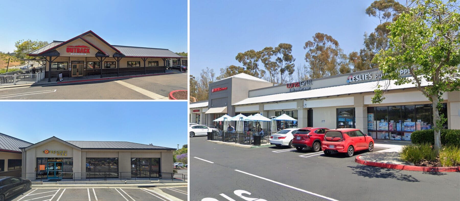 Twin Peaks Plaza photo collage. Top left photo: Outback Steakhouse with attached, covered outdoor dining to the left overlooking Ted Williams Pkwy. Bottom left: Corepower Yoga with parking in front. Right: Storefronts for Famous Footwear, Luna Grill and outdoor dining area, and Leslie's Pool Supplies.
