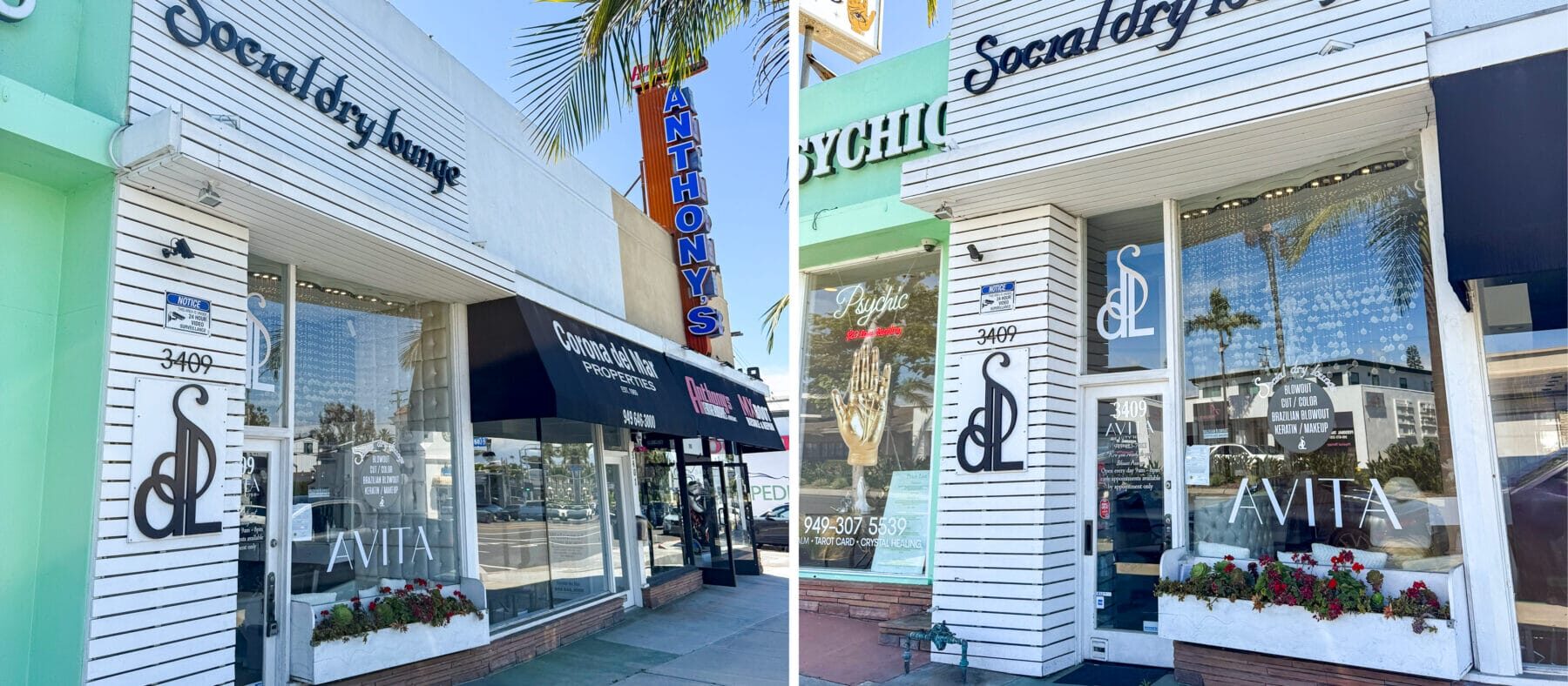 2 images of the facade at 3409 E Coast Hwy. Left: Site with Corona Del mar Properties and Anthony's Leatherworks to the right. Right: Site facade with floor-to-ceiling windows, windowed door, white paneling, and front-mounted flowerbox.