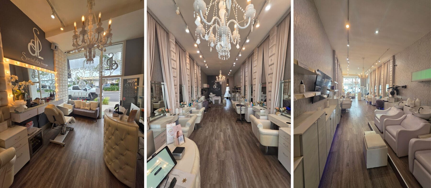 Interior images of 3409 E Coast Hwy. Left: Front entrance with reception desk, seated waiting area, and lighted vanity mirror with reclining, adjustable beauty chair. Middle: View from front looking to the back. Stylists' stations with mirrors, cabinets, and chairs line the walls. Right: 3 shampoo bowl stations with wall-mounted tv on the opposite wall.