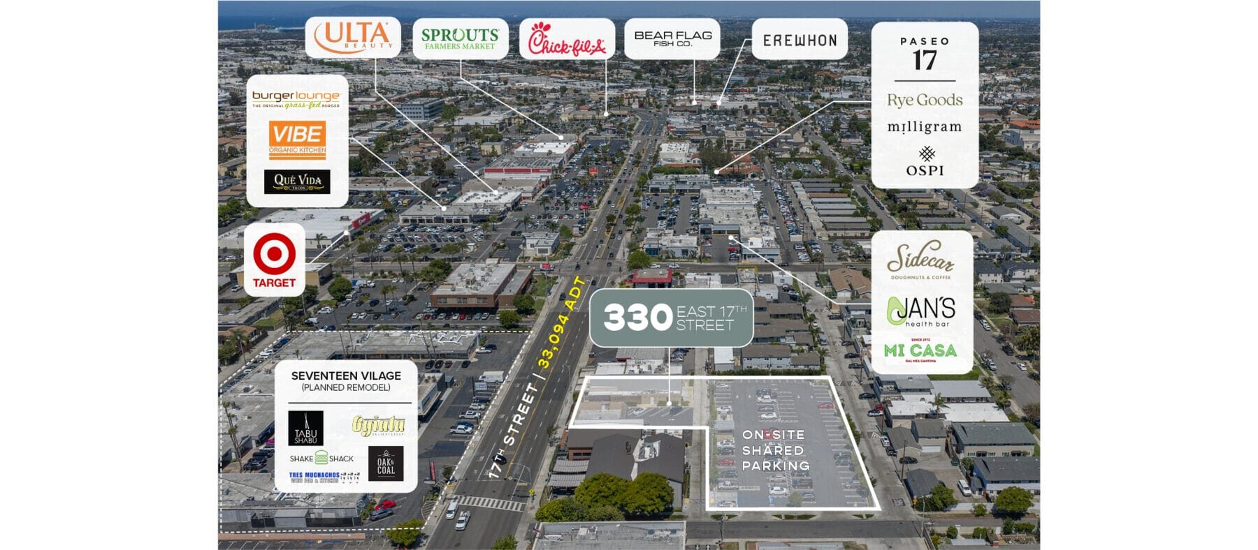 Aerial image of 17th Street in Costa Mesa with callouts of the nearby properties.