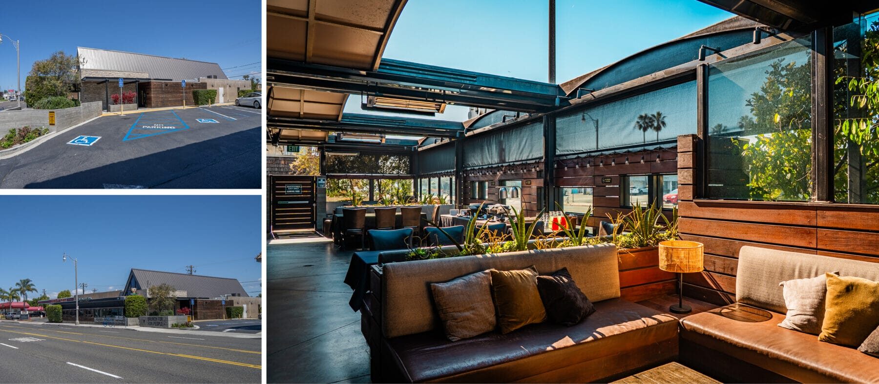 Three images of The Country Club building in Costa Mesa showcasing two exterior photos and one photo of the patio