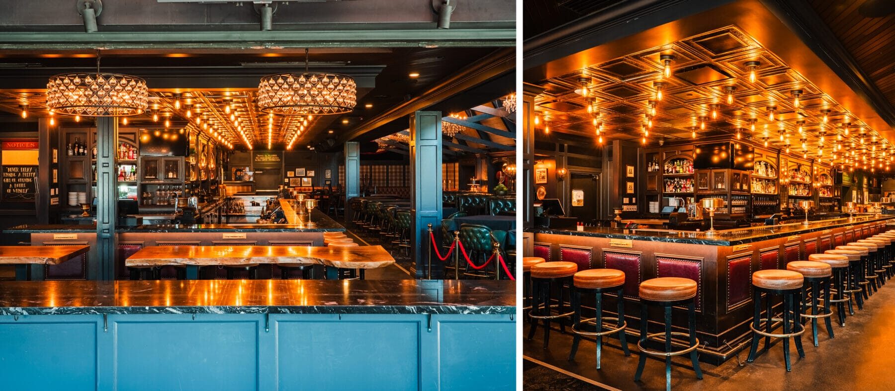Two images of The Country Club in Costa Mesa of the bar with lots of chandelier lighting