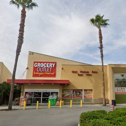 Front entrance of the former Grocery Outlet building at 355 N Citrus Ave as view from the parking lot.