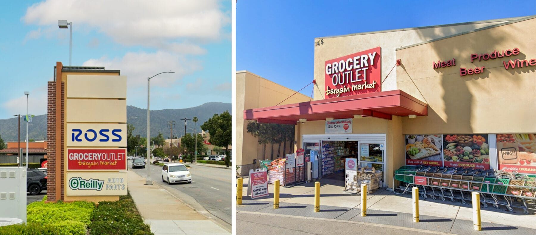 Left: Monument signage facing Citrus Ave depicting Ross, the former Grocery Outlet, and O'Reilly. Right: Front entrance of the former Grocery Outlet Building.