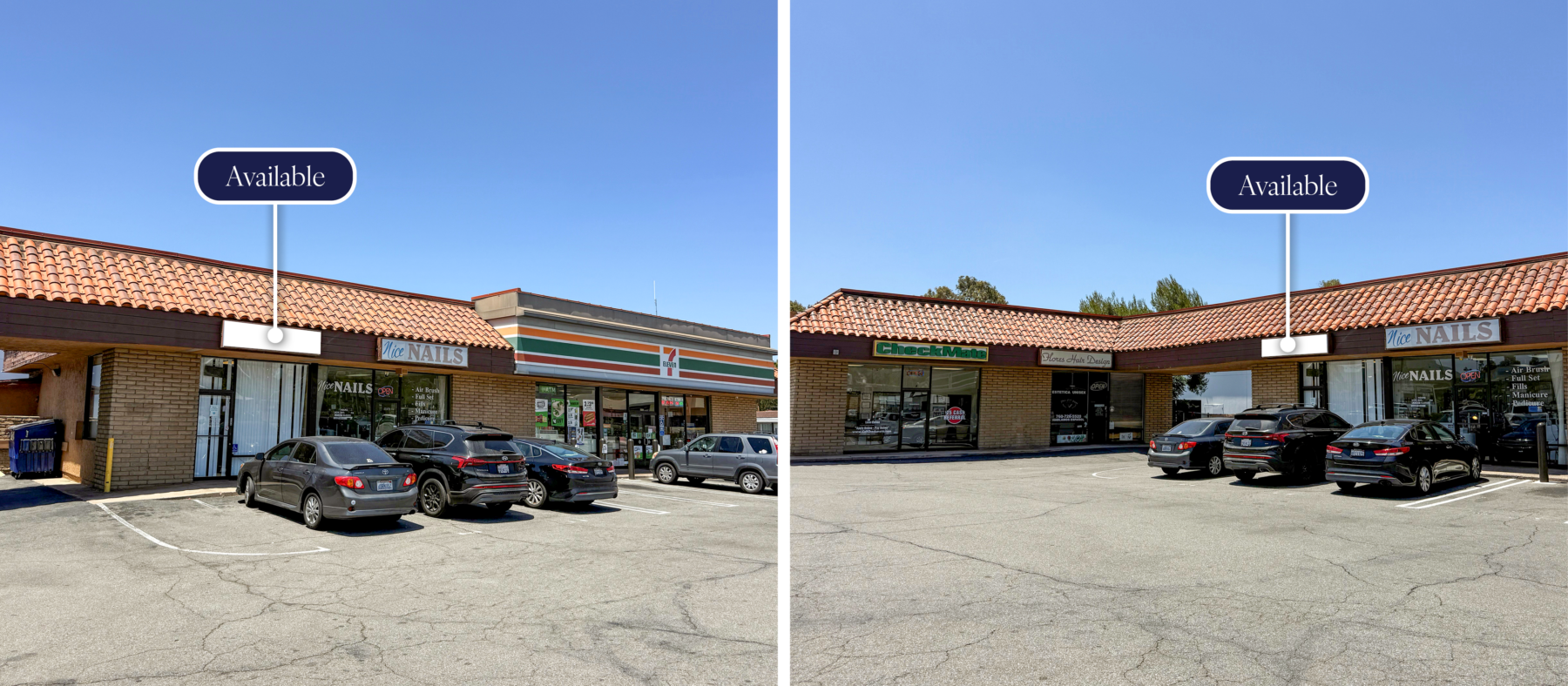 Left: Storefront of 895 E Vista Way with the neighboring nail salon and 7 Eleven to the right. Right: Storefront of 895 E Vista Way with the neighboring nail salon to the right and Checkmate and Flores Hair Salon to the left.