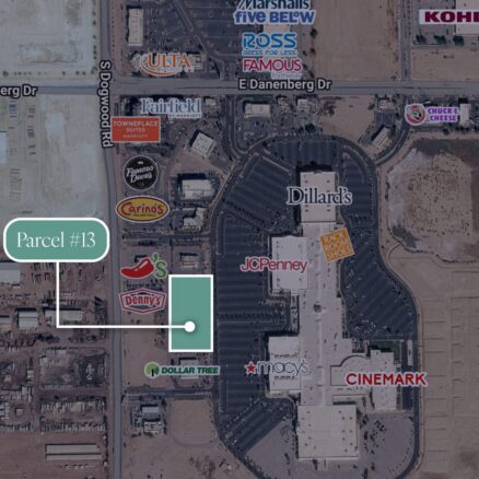 Aerial of Imperial Valley Mall with Parcel #13 highlighted across from Macy's and JC Penny.