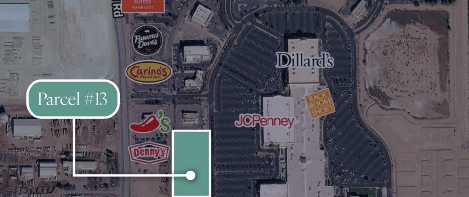 Aerial of Imperial Valley Mall with Parcel #13 highlighted across from Macy's and JC Penny.