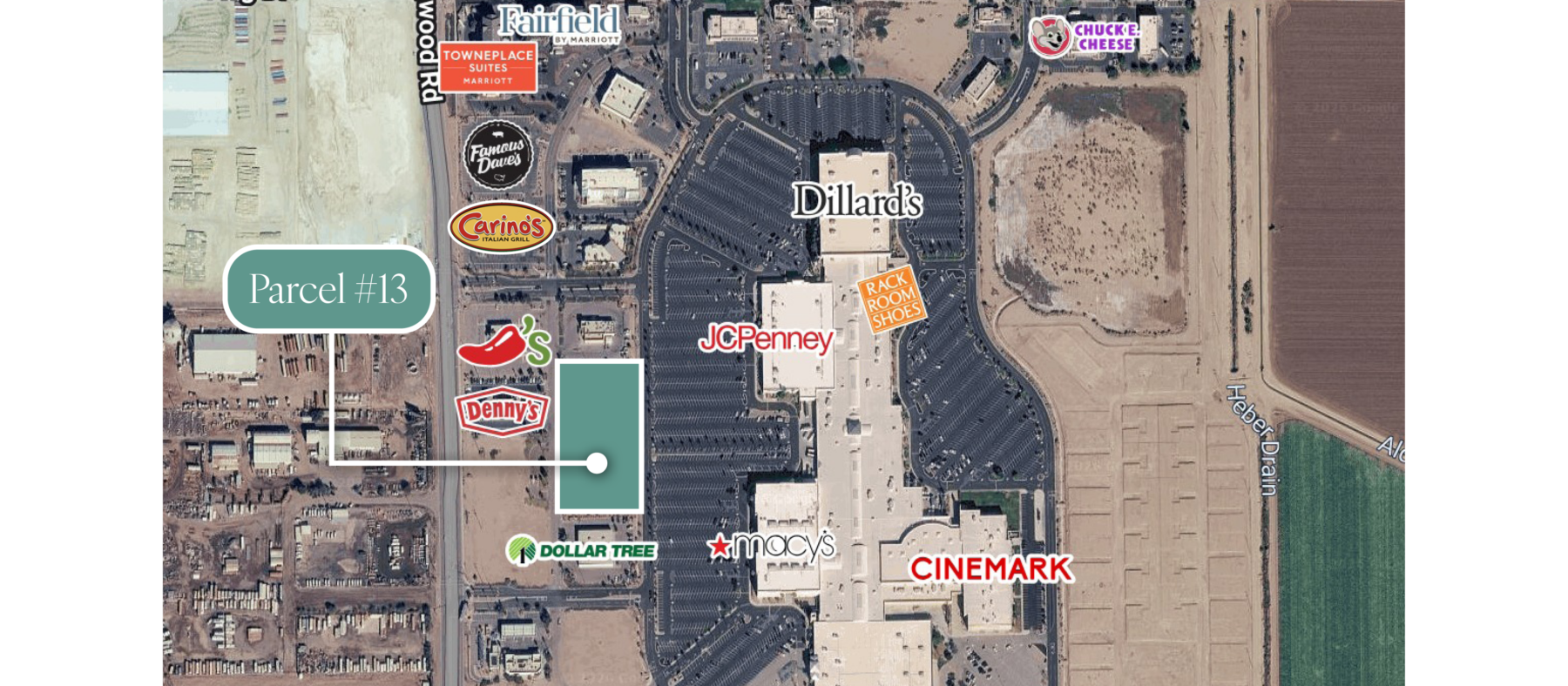 Aerial of Imperial Valley Mall with Parcel #13 highlighted across from Macy's and JC Penny.