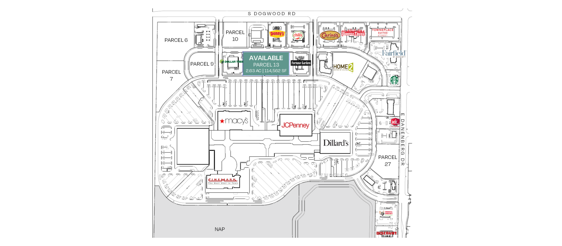 Site plan of Imperial Valley Mall and surrounding outparcels. Parcel 13 is highlighted across from Macy's and JC Penny.