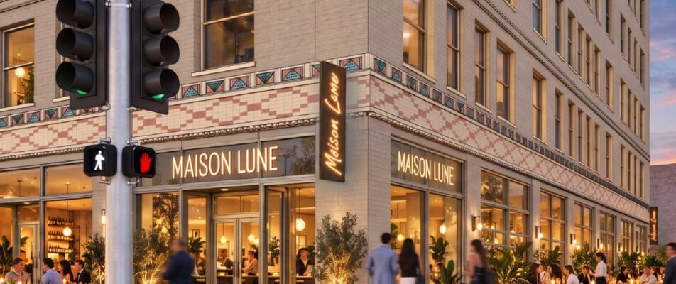 Rendering of multistory historic building at dusk with lots of people around and dining inside