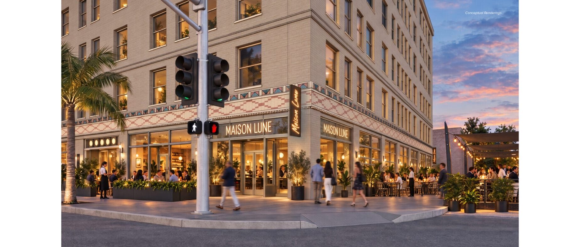 Rendering of multistory historic building at dusk with lots of people around and dining inside