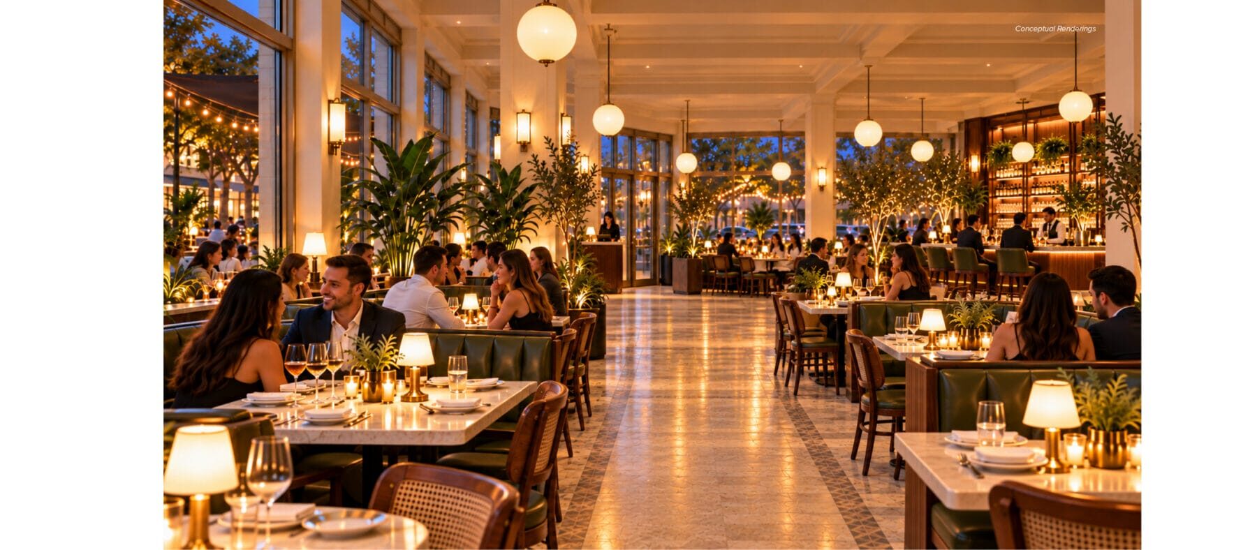 Rendering of multistory historic building at dusk with lots of people dining inside