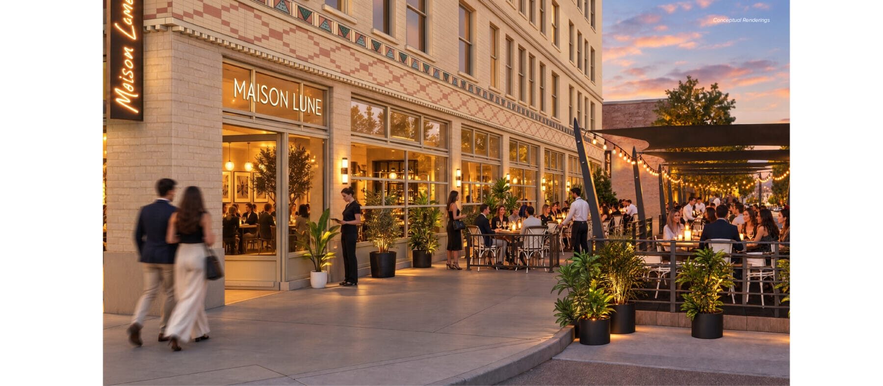 Rendering of multistory historic building at dusk with lots of people around and dining inside