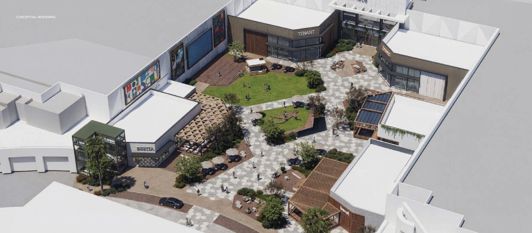 bird's eye view of a mall with green space in the middle
