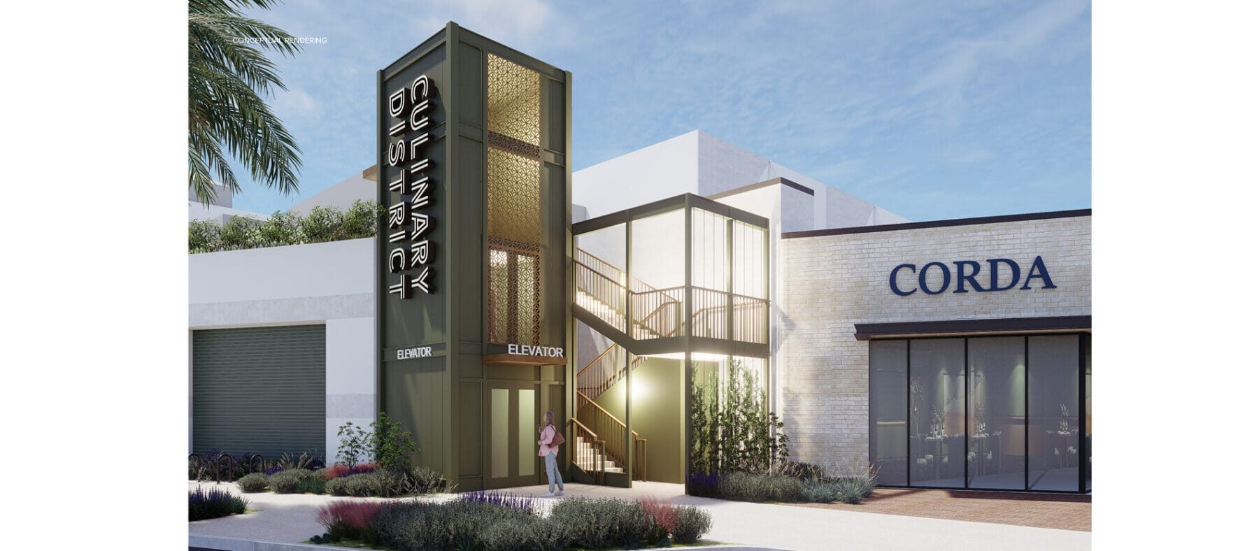 rendering of a staircase with a green elevator