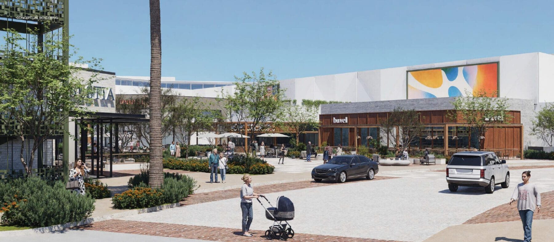 rendering of a mall with many stores and patrons