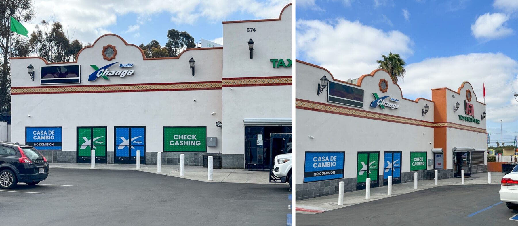 The building at 674 E San Ysidro Blvd viewed from the adjoining parking lot. Left: Suite B (Available Space) Right: Suite B on the left and Suite A (UETA Duty Free) on the right.