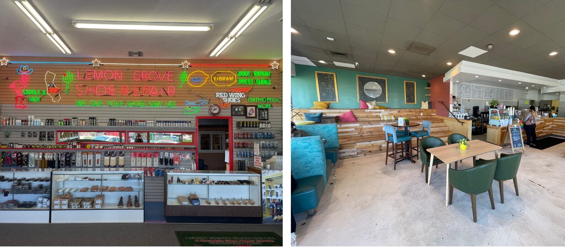 two photos side by side, both showing interiors