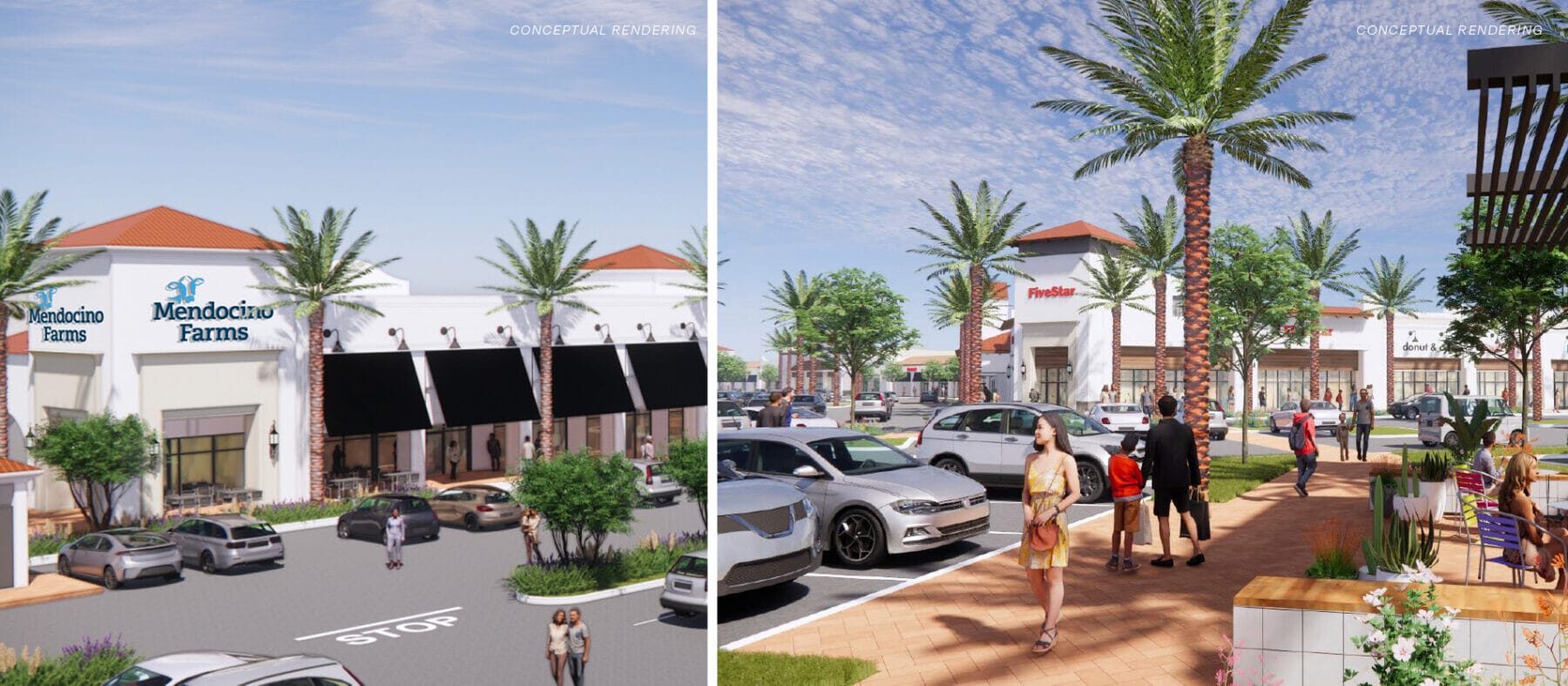White single story buildings for retail use with palm trees in front