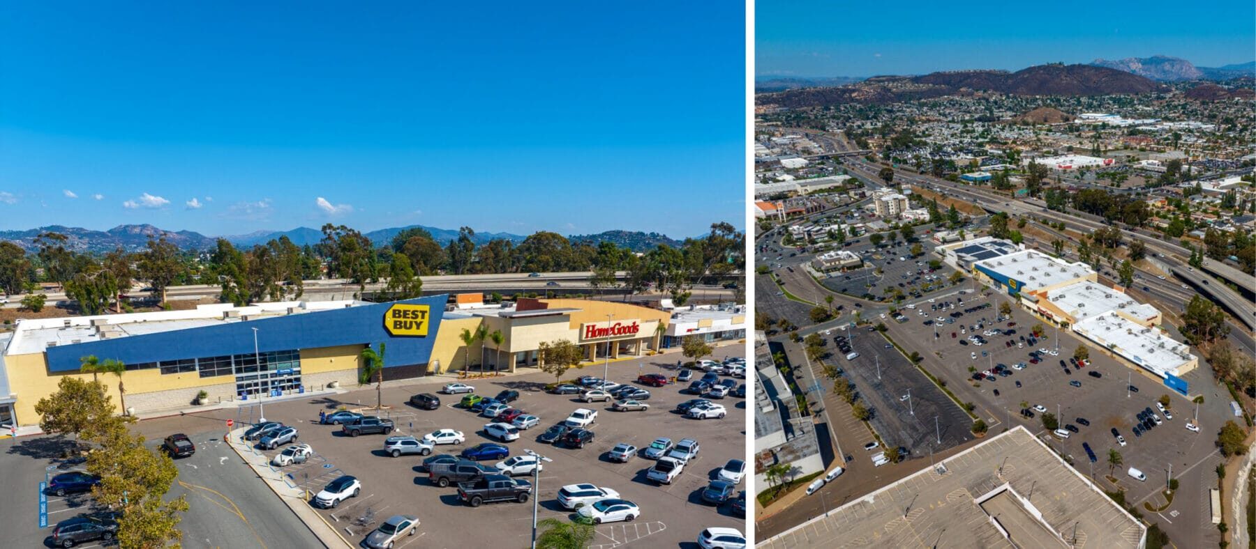 Left: Storefronts of Best Buy and HomeGoods. Right: Aerial of The Shops at Parkway Plaza viewed from above the SE parking structure at Parkway Plaza Mall with San Vicente Fwy right behind the site.
