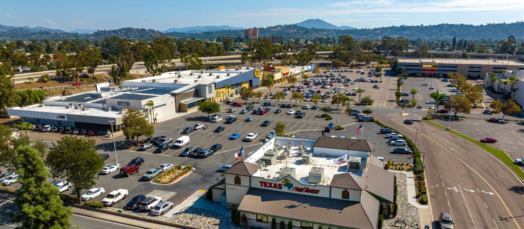 Aerial of The Shops at Parkway Plaza from the corner of Village Pkwy and Fletcher Pkwy.
