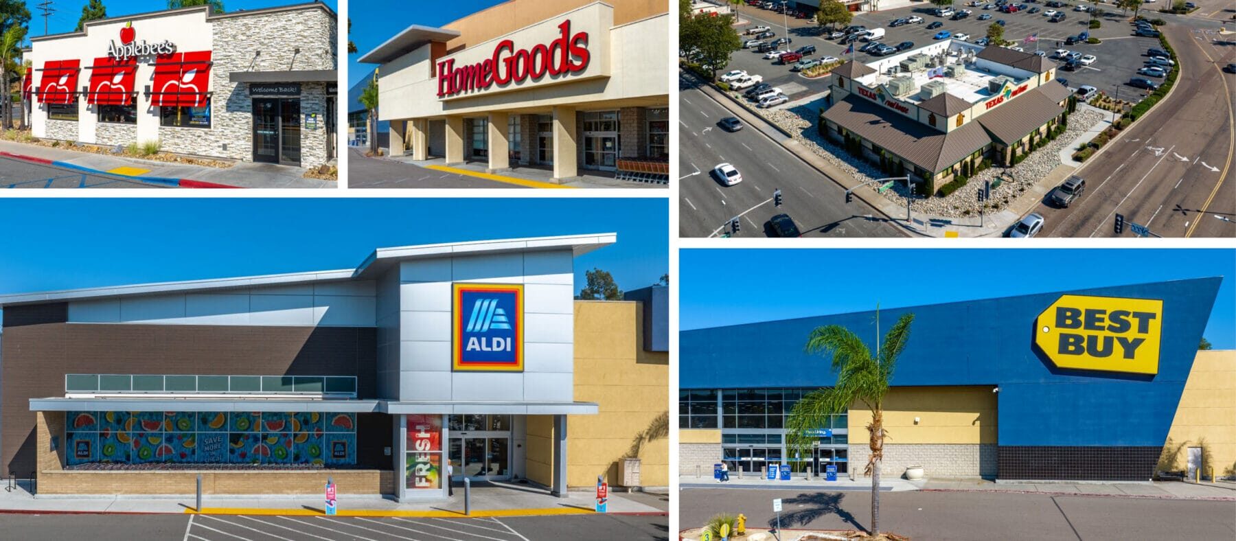 Storefronts at The Shops at Parkway Plaza. Top left: Applebee's. Top middle: HomeGoods. Top right: Corner aerial of Texas Roadhouse. Bottom Left: Aldi. Bottom right: Best Buy.