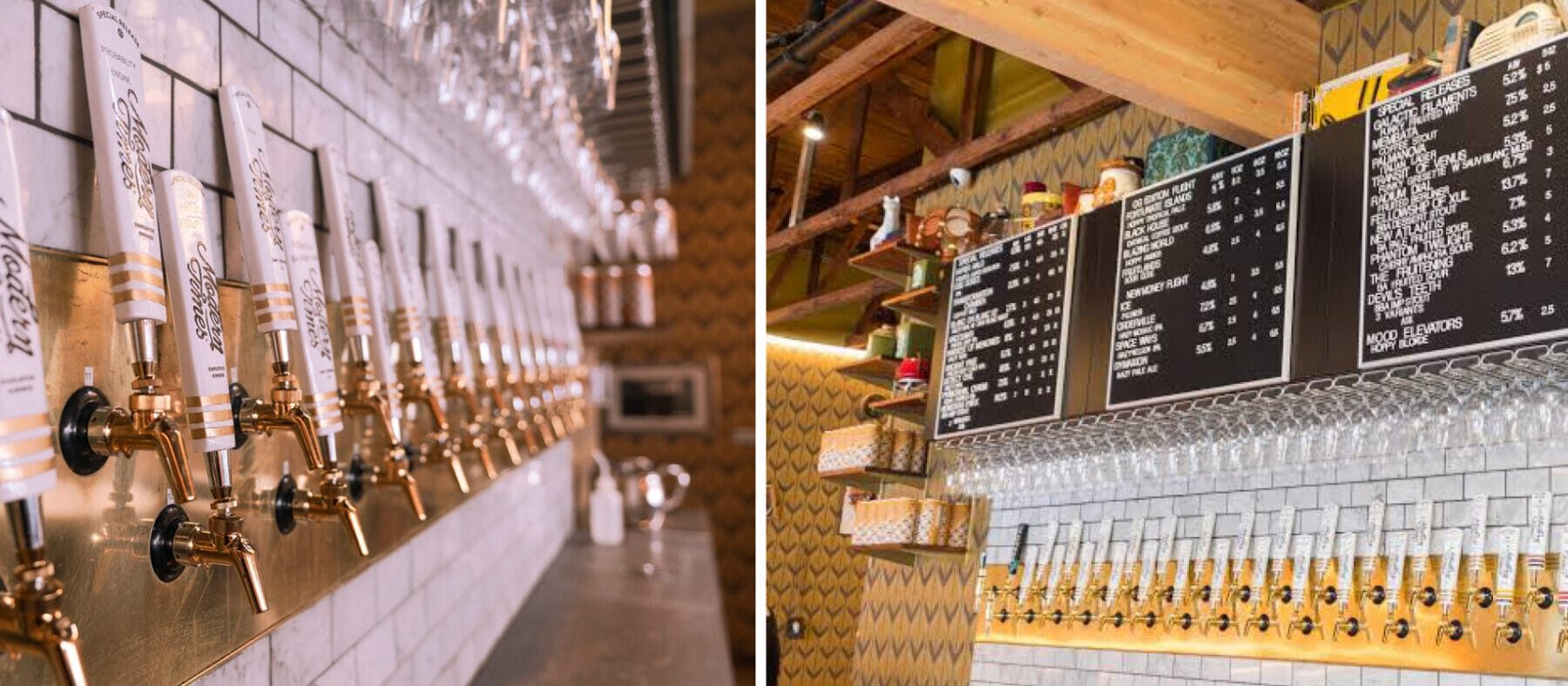 Two images side by side. Left shows taps from a bar, and right shows an elaborate wood paneled bar with chevron pattern and funky colors