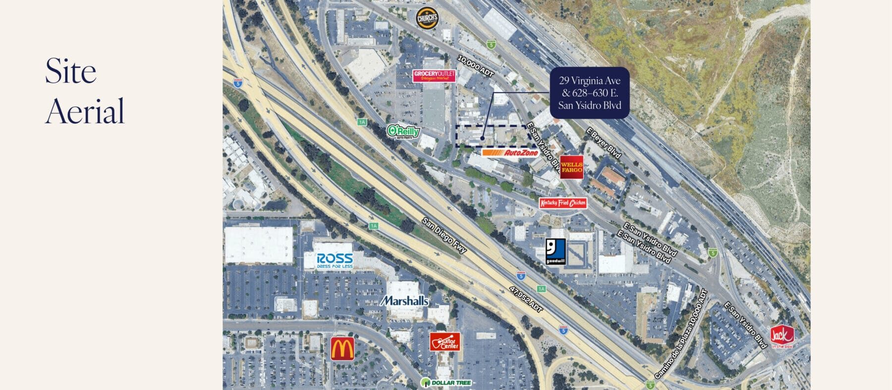 Aerial map of San Ysidro showing 29 Virginia Ave and surrounding major retailers.