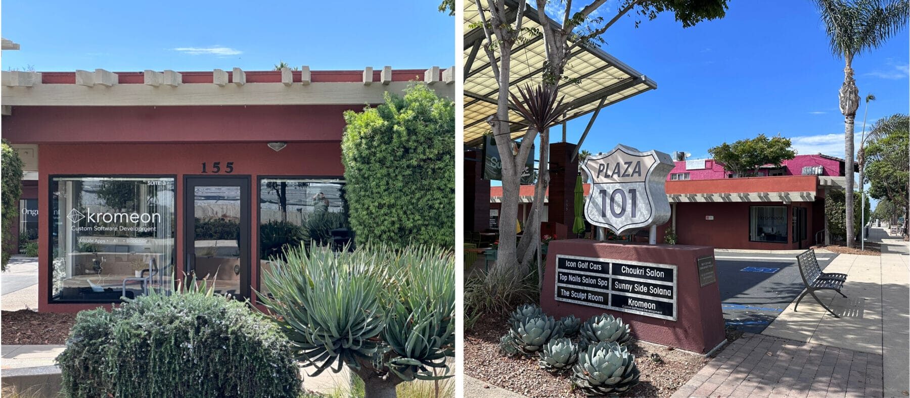 Two images side by side, one of a sign and another of the front of a building