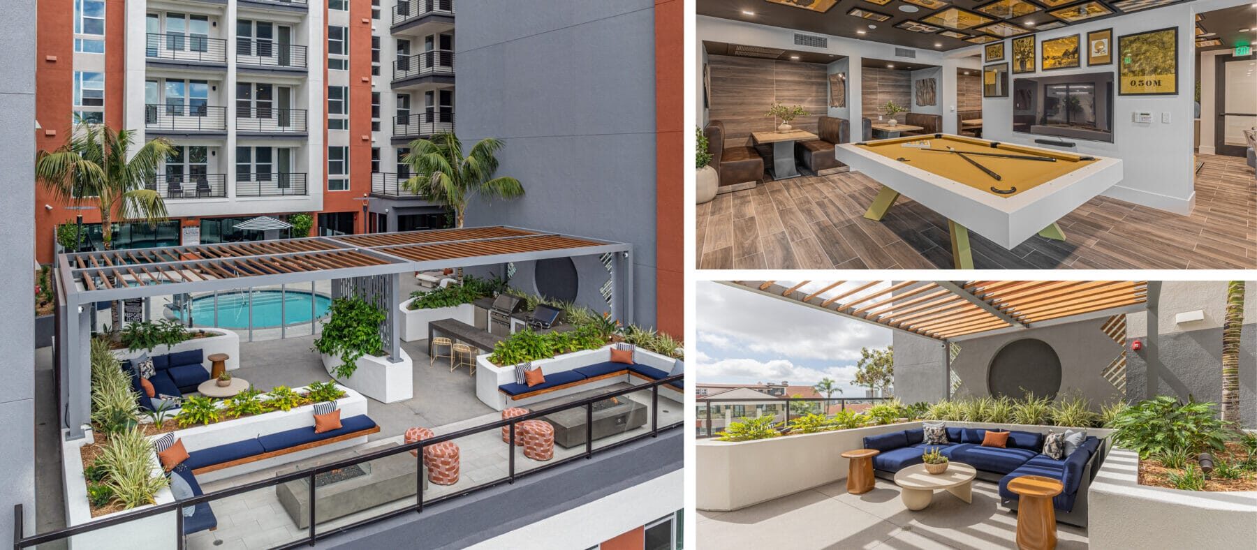 Left: The pool deck. Right top: The billiards rooms. Right bottom: The balcony at the pool deck.