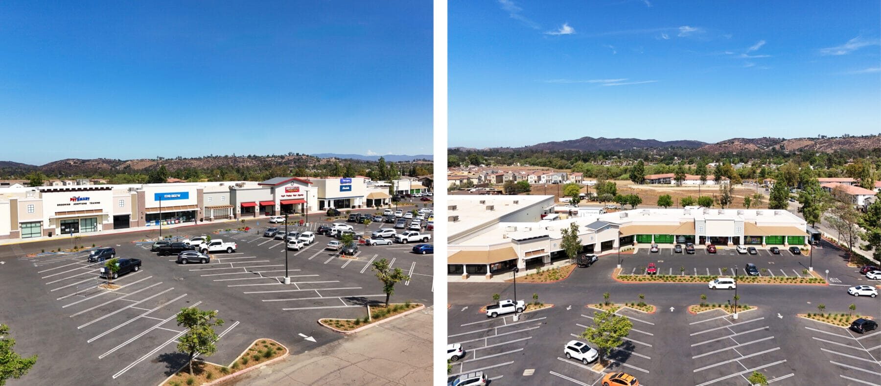 Aerial views of Ramona Station. Left: Petsmart, Five Below, Grocery Outlet, Marshalls. Right: Shop spaces at suites A-G.