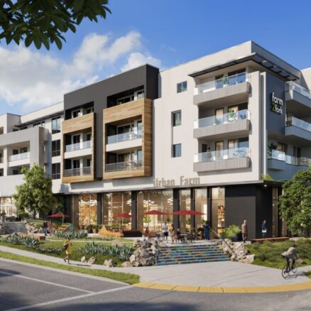 Rendering of a multistory building with greenery in front