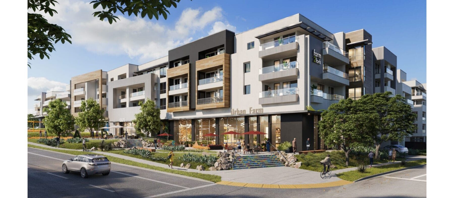 Rendering of a multistory building with greenery in front