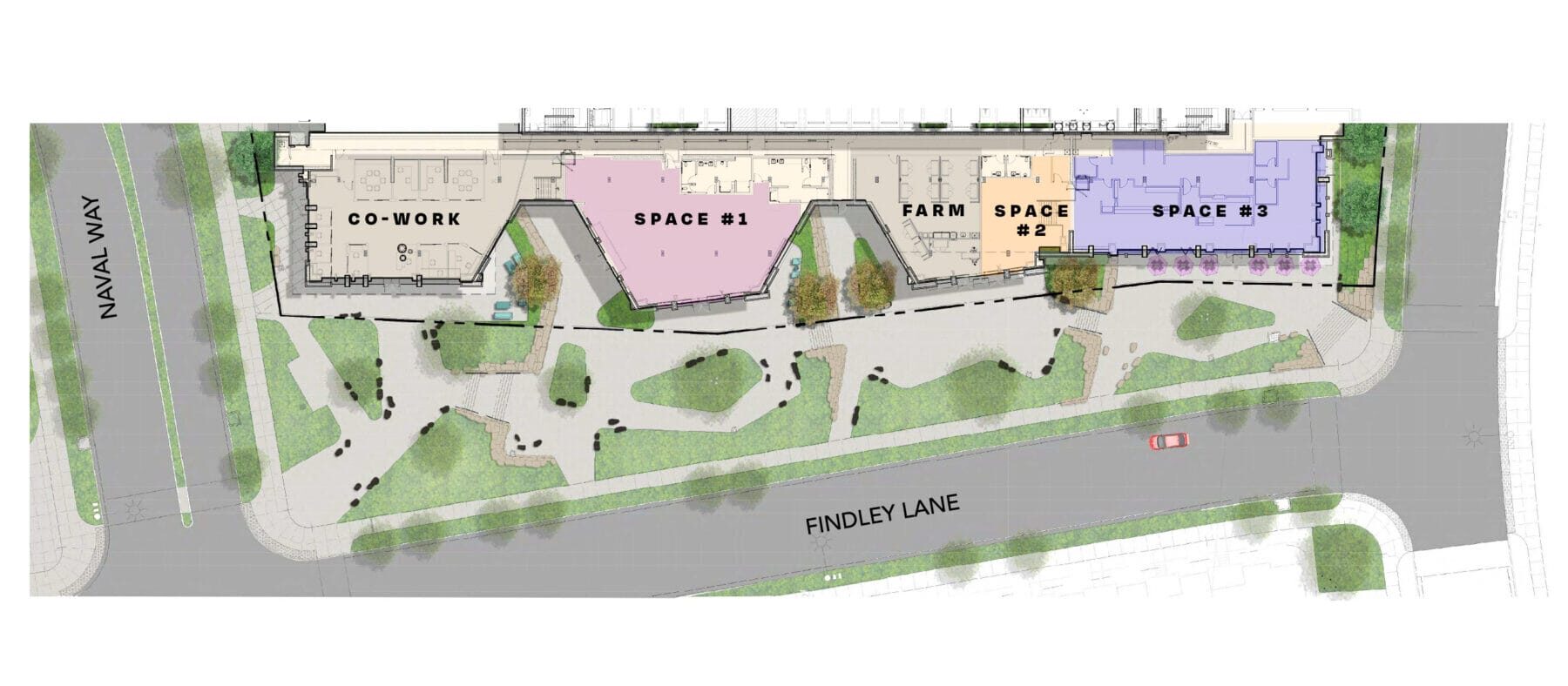 Site plan of building with greenery