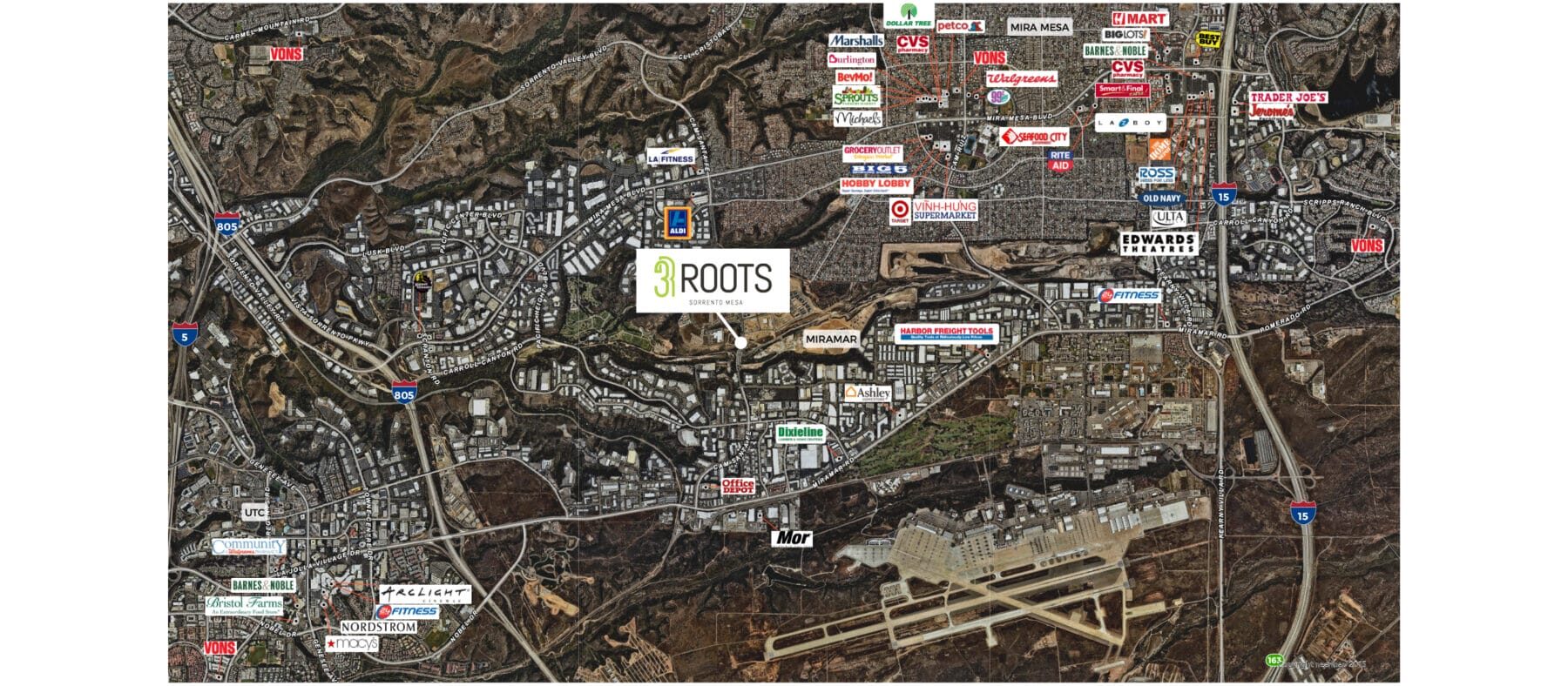 Aerial map of Sorrento Mesa in San Diego with locations pointed out