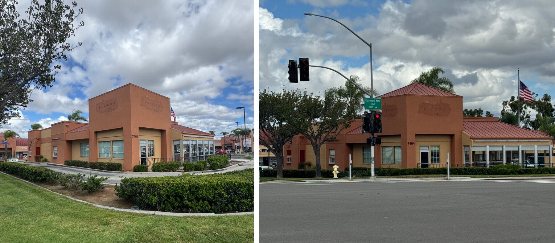 Corner building of a drive thru building, burnt Sienna color, color sky with clouds